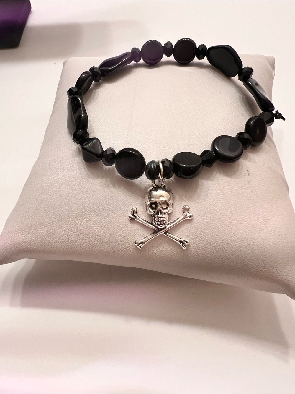 Black Beaded Stretch Bracelet with Silver Skull & Crossbones Charm